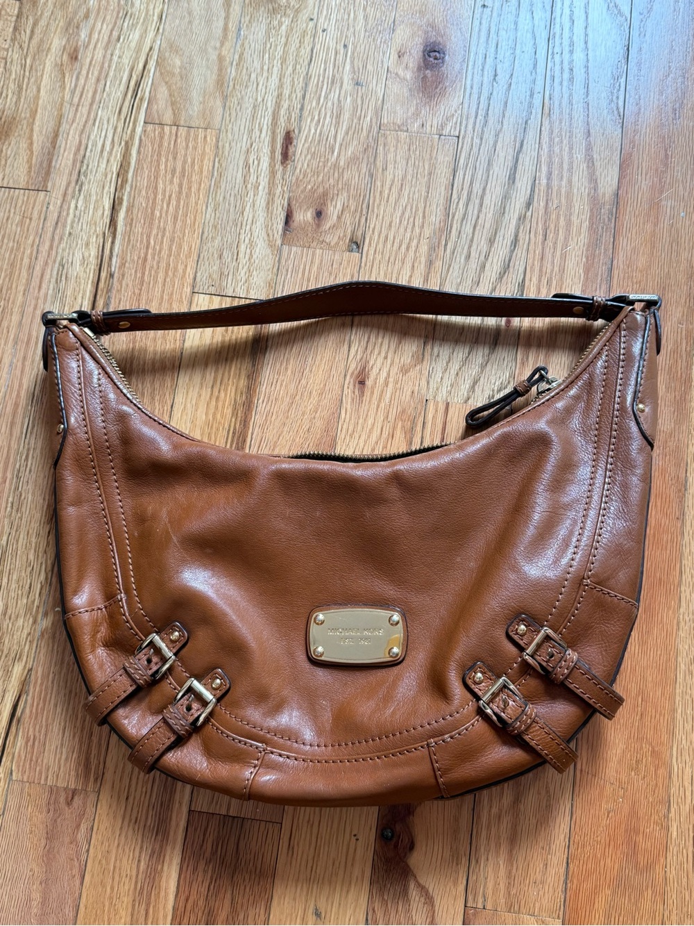 Michael Kors Camel Leather Shoulder Hobo Bag with Buckle Accents - Picture 2 of 7